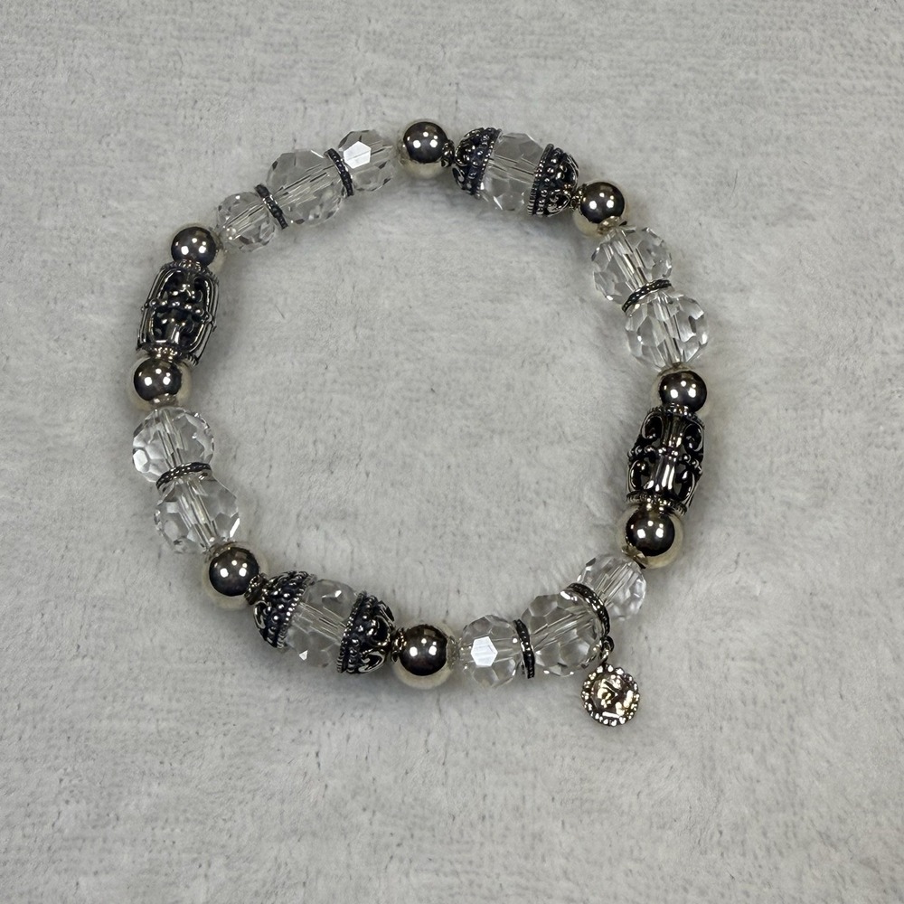 Silpada Sterling Silver Clear Crystal Beaded Stretch Bracelet Signed